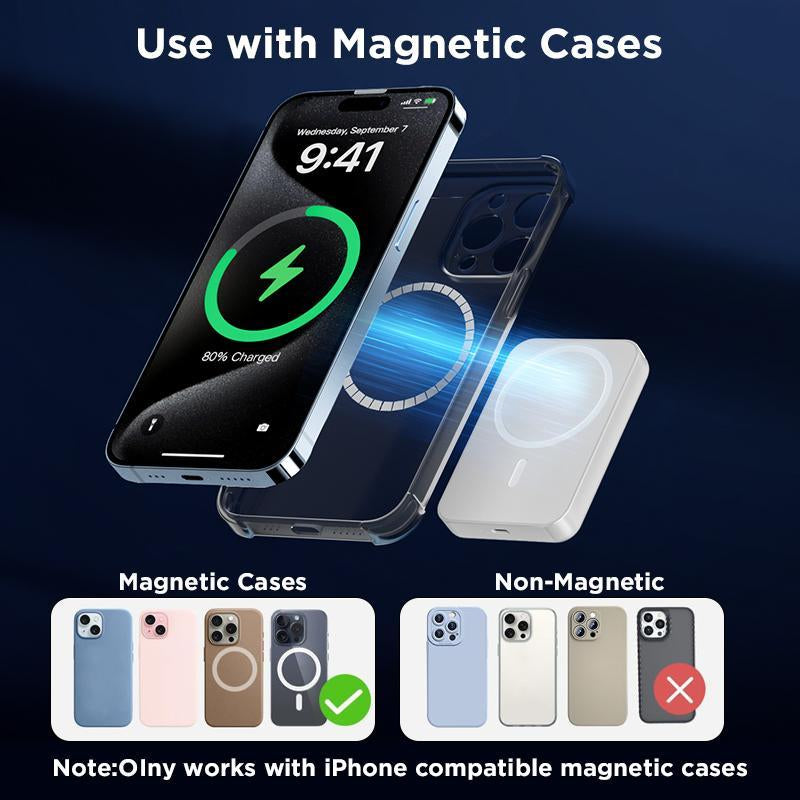 Magnetic Wireless Power Bank 5000mAh - Magsafe-Compatible Portable Charger with 15W Wireless Charging & 20W USB-C PD - Slim Battery Pack for iPhone 12-17 & Qi Android Devices (Includes Ring)