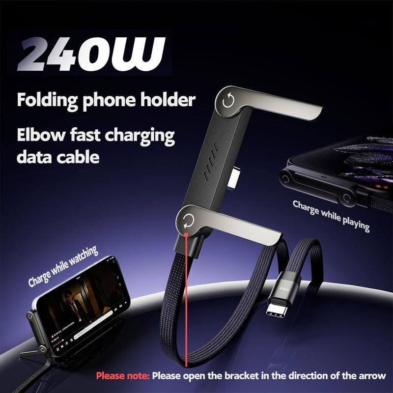 240W Super Fast Charging Invisible Holder Charger Cable & Phone Stand - 2-in-1 Type-C Cord for Gaming, Office, and Travel - Sleek Black Design